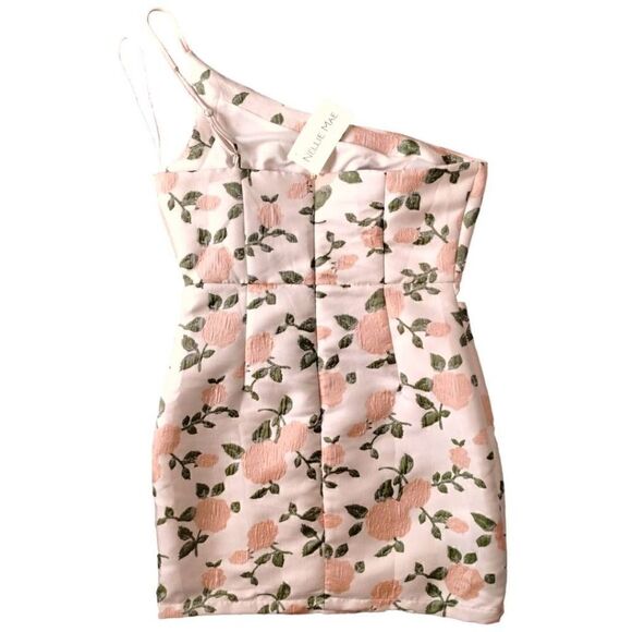 Fore Women's Dress Sz Large One Shoulder Fitted Pink Ivory Satin Short Formal - Picture 2 of 12